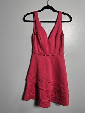 NWT Jodi Kristopher Watermelon Pink V-Neck Tiered Eyelet Fit Flare Mini Dress